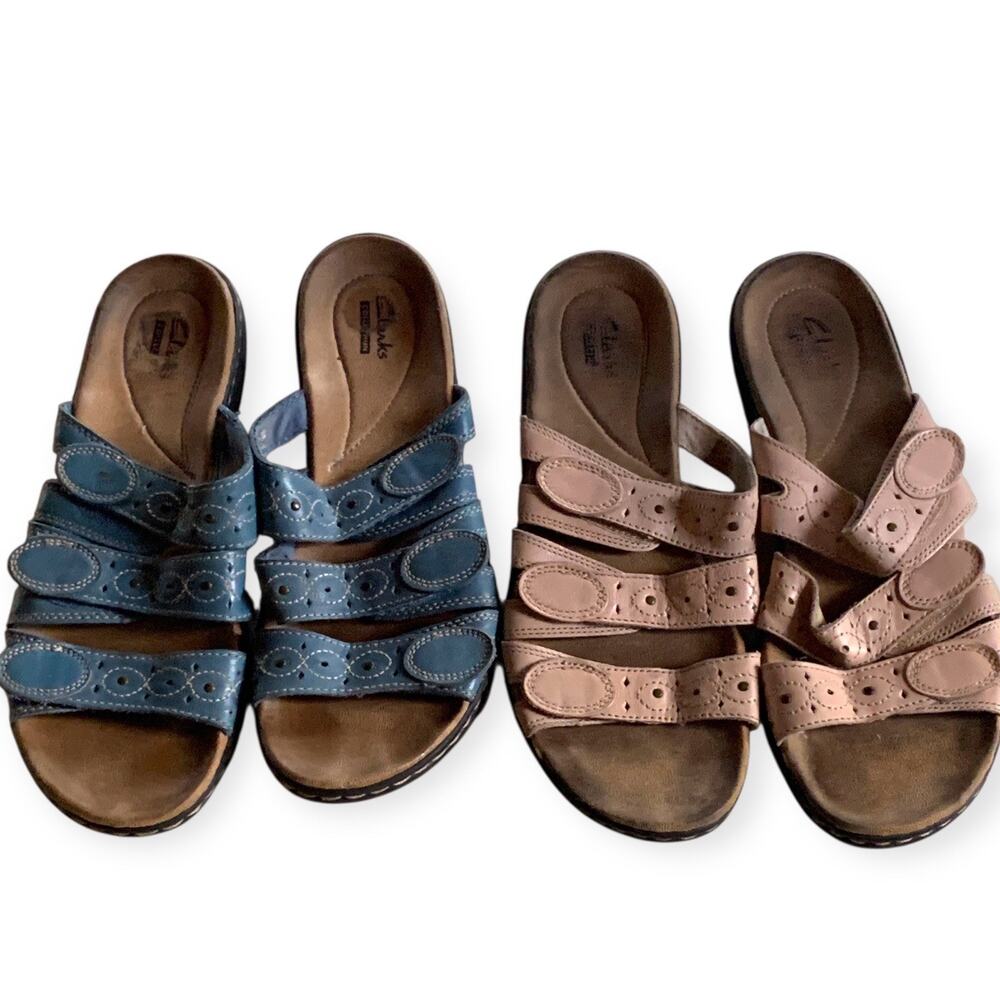 Lot of 2 Clarks Sandals Leisa Cacti Leather Triple Strap Blue Tan Womens 10
